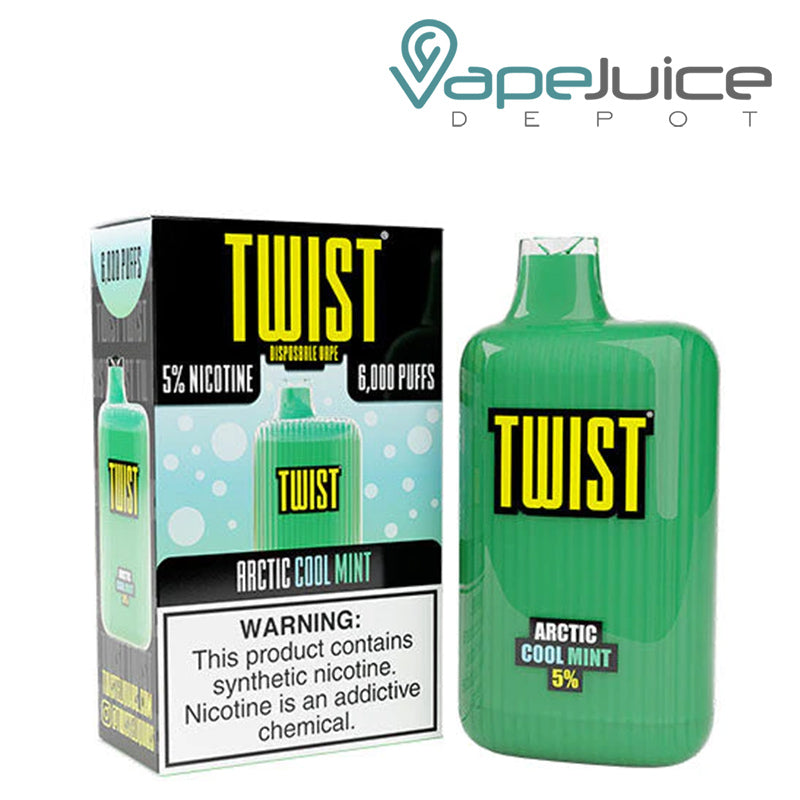 A box of Arctic Cool Mint TWIST 6000 Disposable Vape with a warning sign and a disposable next to it - Vape Juice Depot