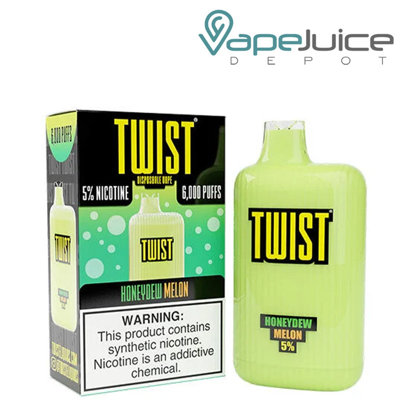 A box of Honeydew Melon  TWIST 6000 Disposable Vape with a warning sign and a disposable next to it - Vape Juice Depot