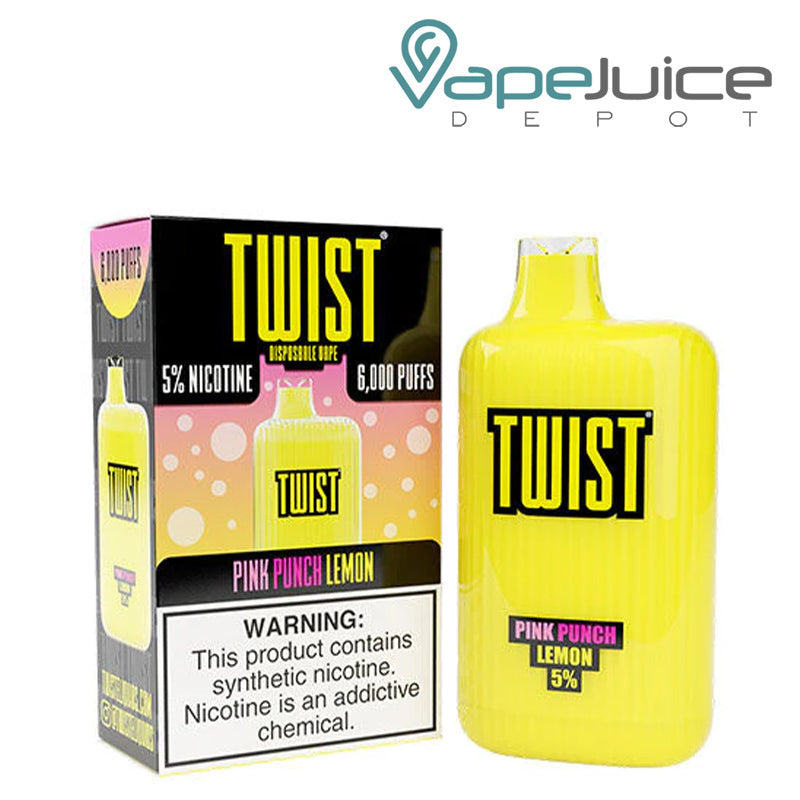 A box of Pink Punch Lemon  TWIST 6000 Disposable Vape with a warning sign and a disposable next to it - Vape Juice Depot