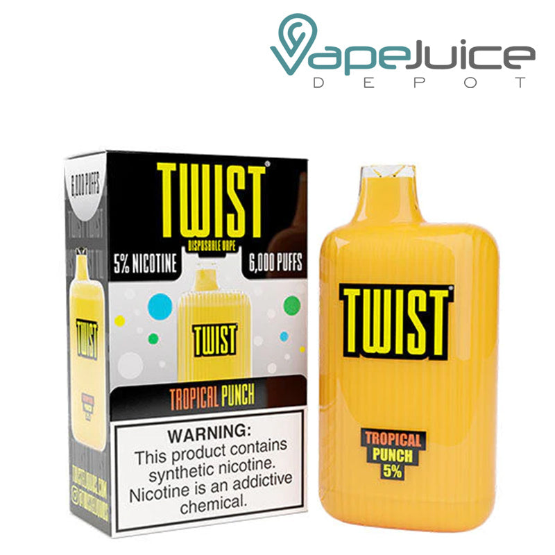 A box of Tropical Punch TWIST 6000 Disposable Vape with a warning sign and a disposable next to it - Vape Juice Depot