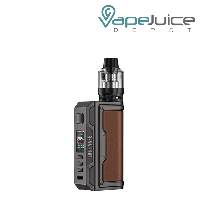 Gunmetal Calf Leather Lost Vape Thelema Quest 200W Starter Kit with a display screen, a firing button and two adjustment buttons - Vape Juice Depot