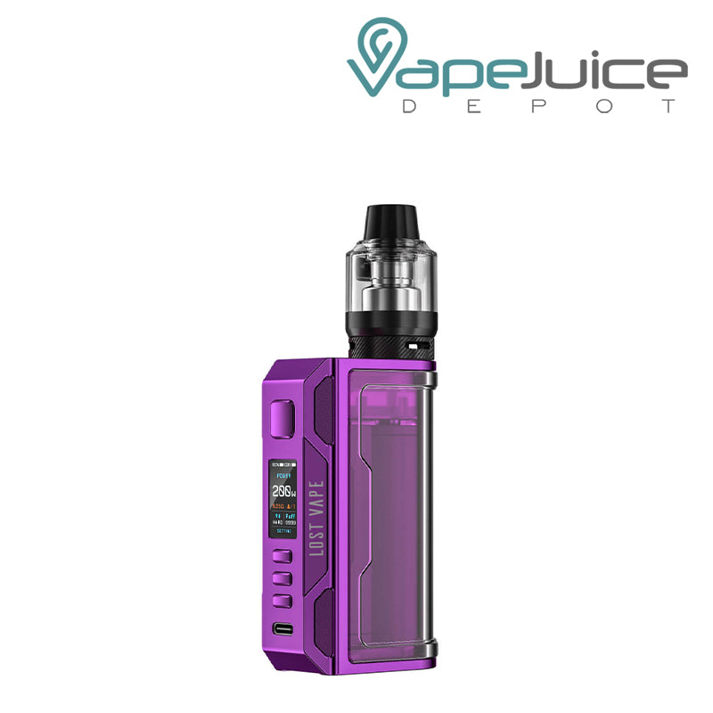 Mystic Purple Lost Vape Thelema Quest 200W Starter Kit with a display screen, a firing button and two adjustment buttons - Vape Juice Depot