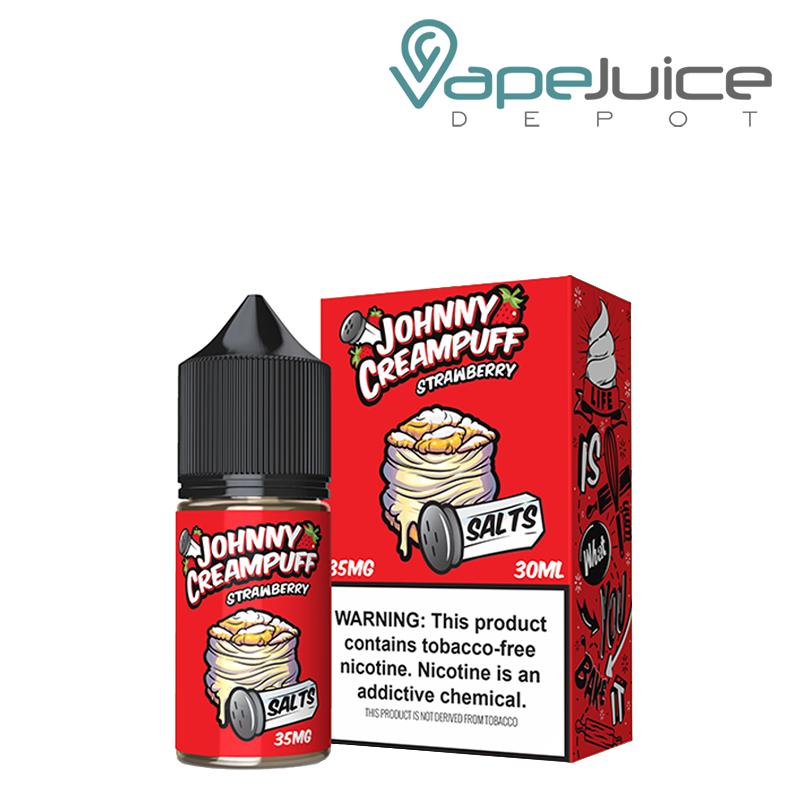 A 30ml bottle of Strawberry Johnny Creampuff Salt and a box with a warning sign next to it - Vape Juice Depot