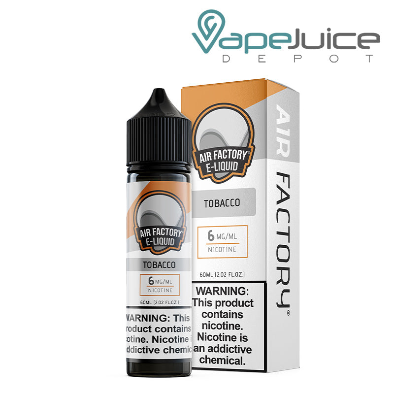 A 60ml bottle of Tobacco Air Factory eLiquid 6mg with a warning sign and a box next to it - Vape Juice Depot