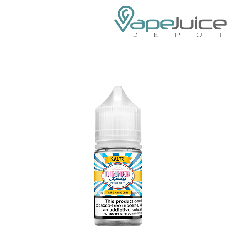 A 30ml bottle of Tropic Mango Chill TFN Salt Dinner Lady 50mg with a warning sign - Vape Juice Depot