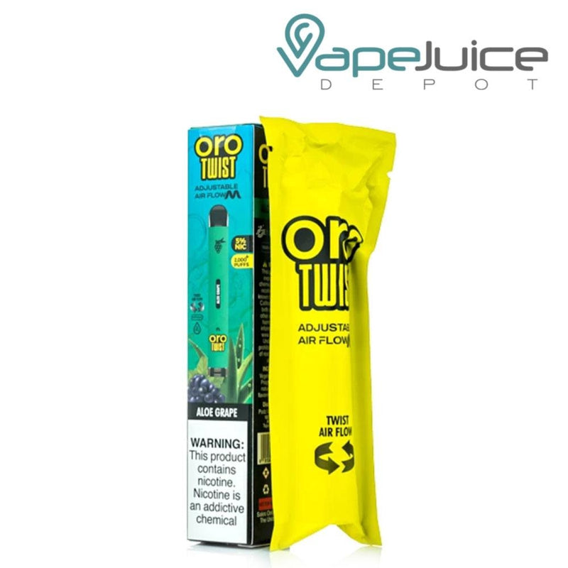 An ORO MAX Twist Disposable Device inside a packet and a box with a warning sign next to it - Vape Juice Depot