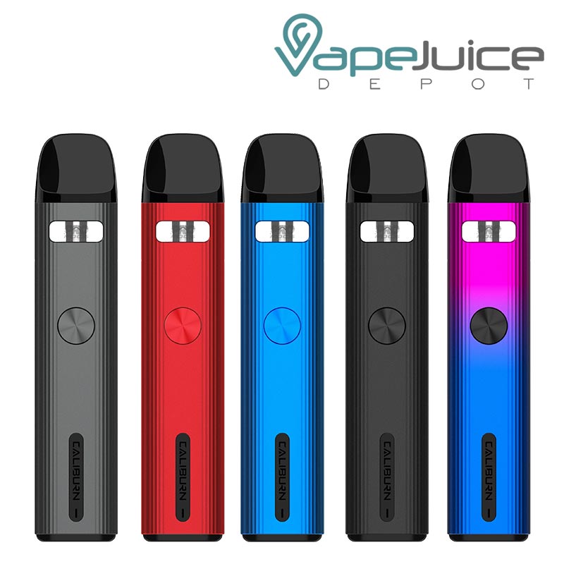 Five colors of UWELL Caliburn G2 Pod System Kit with a firing button - Vape Juice Depot