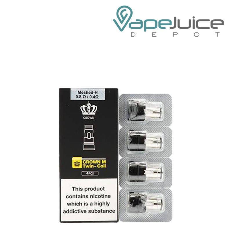 A box of Twin-coil UWELL Crown M Replacement Coils 0,8ohm/0,4ohm with a warning sign and a 4-pack next to it - Vape Juice Depot