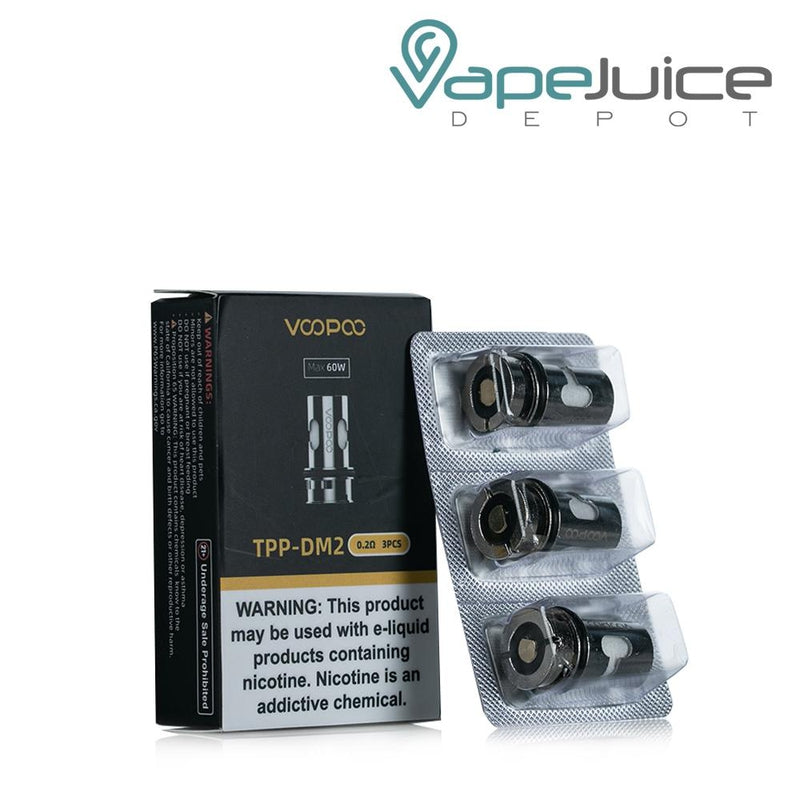 A box of DM2 VooPoo TPP Replacement Coils with a warning sign and three TPP coils next to it - Vape Juice Depot