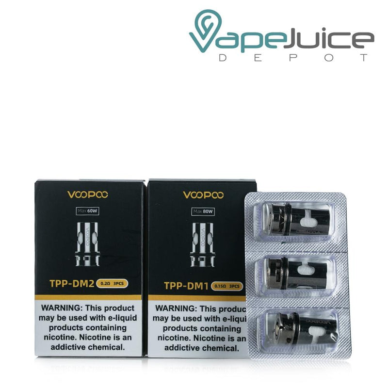Two boxes of DM1 and DM2 VooPoo TPP Replacement Coils with a warning sign and three TPP coils next to it - Vape Juice Depot