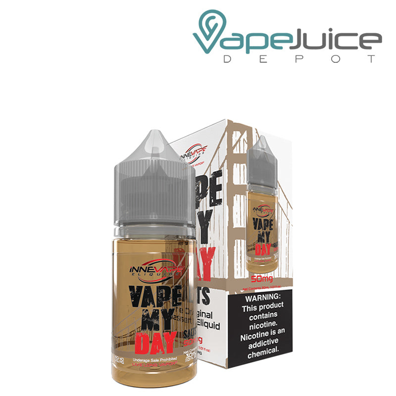 A 30ml bottle of Vape My Day Innevape Salts and a box with a warning sign next to it - Vape Juice Depot