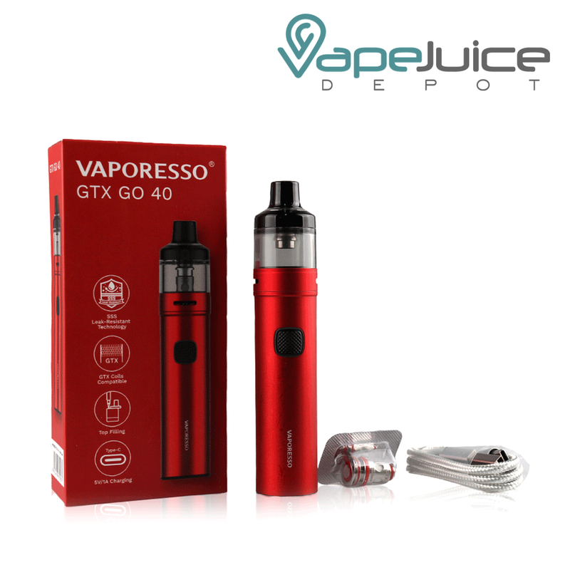Red Vaporesso GTX Go 40 Pod Kit, a usb cable, coil and a box next to them - Vape Juice Depot