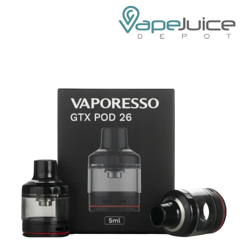 A box of Vaporesso GTX Pod 26 Replacement Pods and 2 pods next to it - Vape Juice Depot