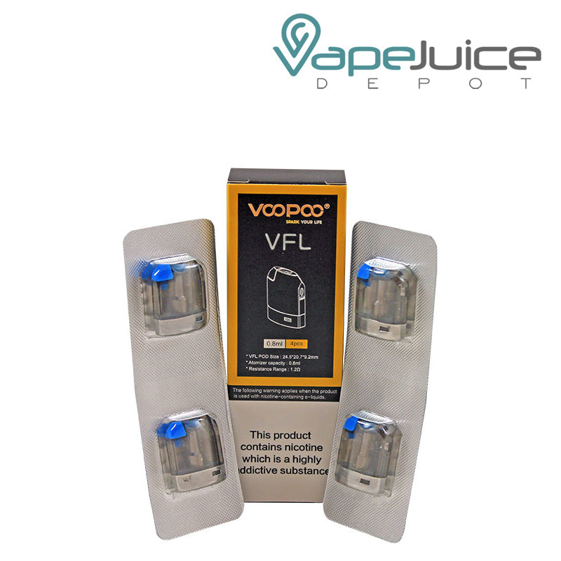 A box of VooPoo VFL Replacement Pods and 4-pack next to it - Vape Juice Depot