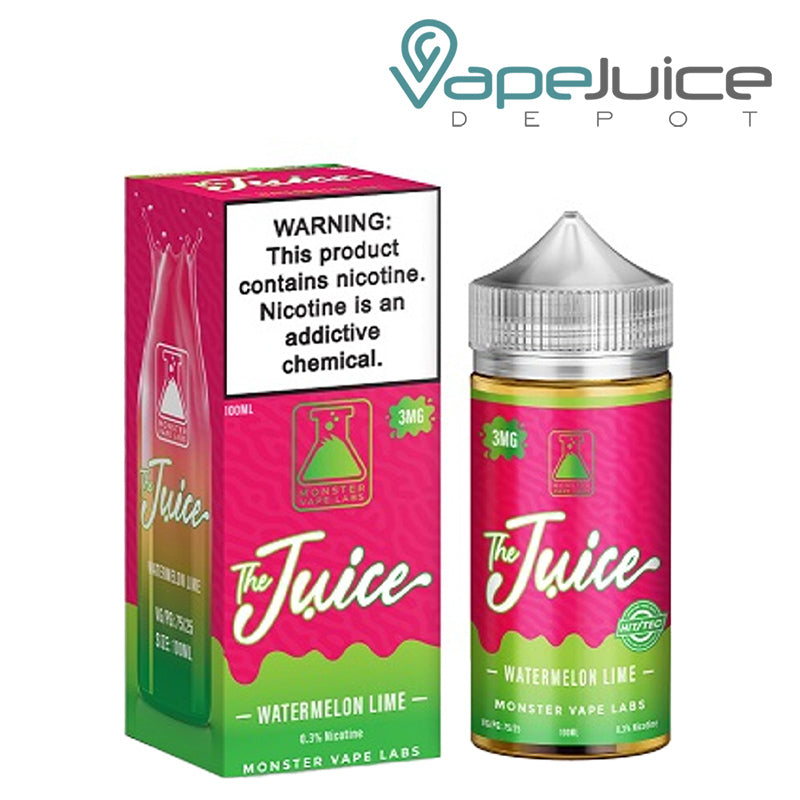 A box of Watermelon Lime The Juice Monster with a warning sign and a 100ml bottle next to it - Vape Juice Depot