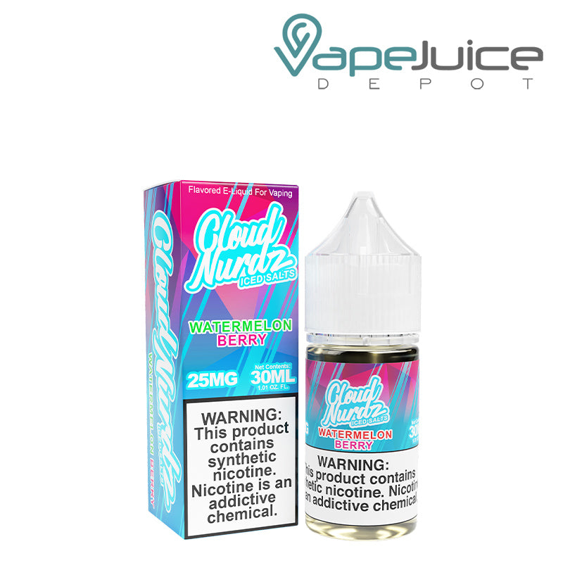 A box of Watermelon Berry ICED TFN Salts Cloud Nurdz and a 30ml bottle with a warning sign next to it - Vape Juice Depot