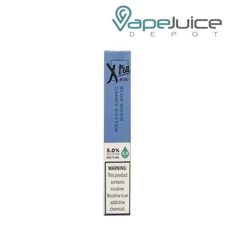 Blue Moon Candy Cotton Xtra Mini Disposable Device with a warning sign - Vape Juice Depot