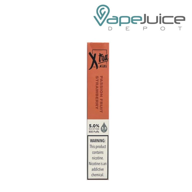 Passion Fruit Strawberry Xtra Mini Disposable Device with a warning sign - Vape Juice Depot