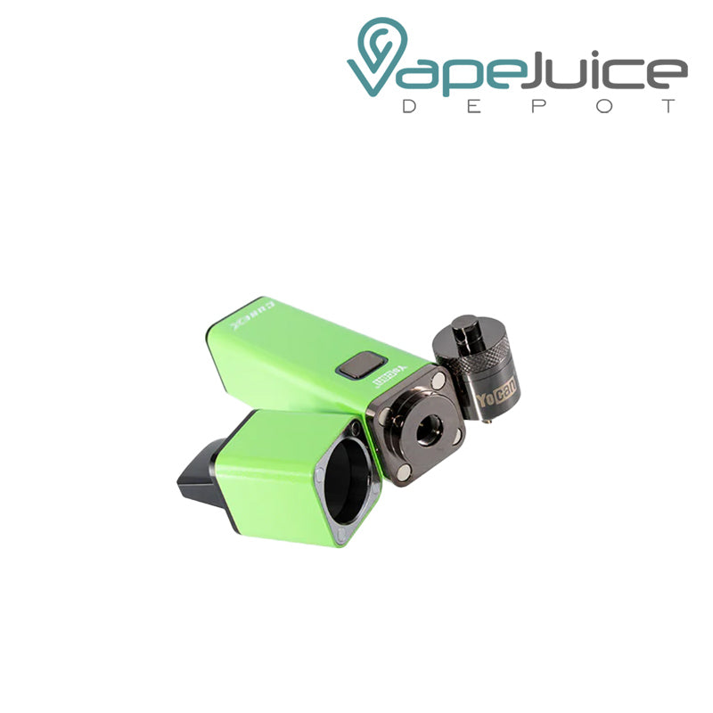 Green Yocan Cubex Vaporizer with firing button opened view - Vape Juice Depot