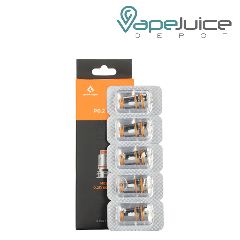5 Pack of 0.2ohm GeekVape P Series Coils and a box next to it - Vape Juice Depot