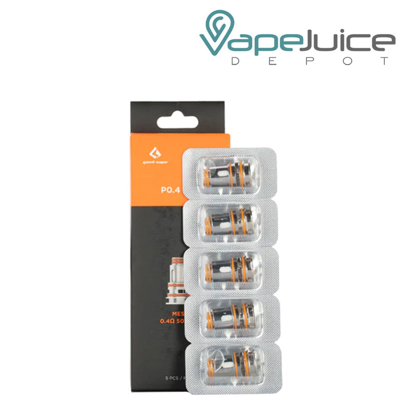 5 Pack of 0.4ohm GeekVape P Series Coils and a box next to it - Vape Juice Depot