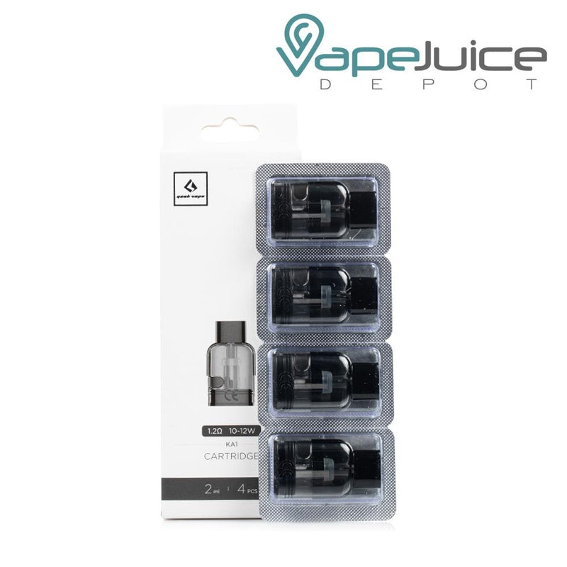 4pcs of 2ml 1.2ohm GeekVape Wenax K1 Replacement Pods and a box next to them - Vape Juice Depot