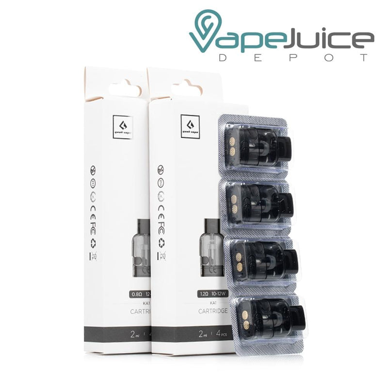 4pcs of 2ml GeekVape Wenax K1 Replacement Pods and two boxes next to them - Vape Juice Depot