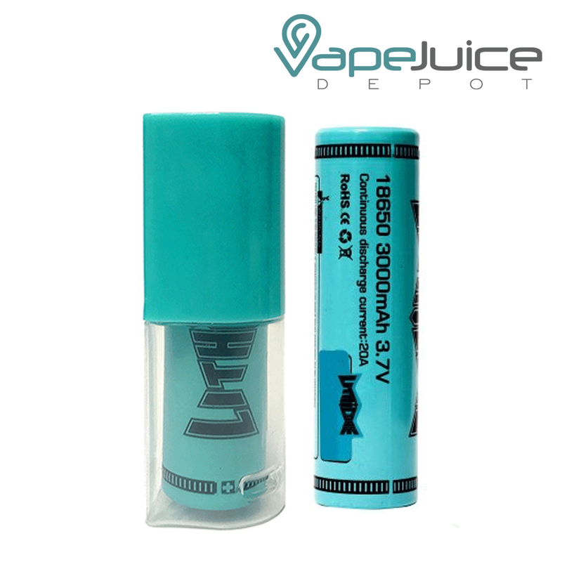 A box of LITHICORE 18650 3000mAh Battery and a battery next to it - Vape Juice Depot