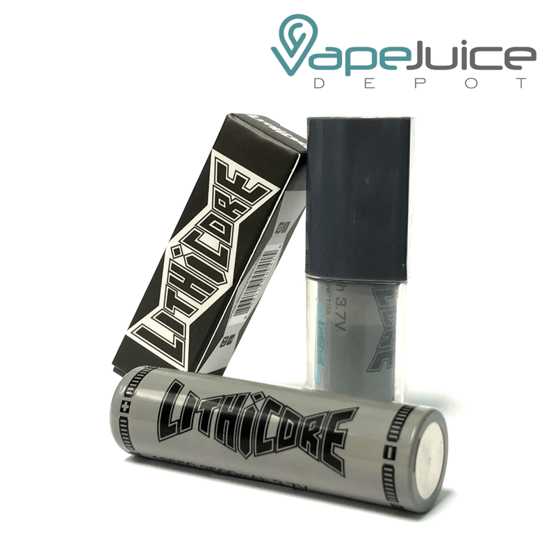 A box of LITHICORE 18650 3500mAh Battery and a battery next to it - Vape Juice Depot