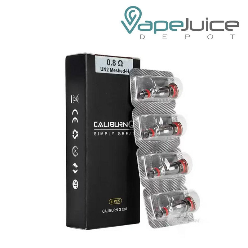 A box of UWELL Caliburn G 1.0ohm Coils and a pack of 4 coils next to it - Vape Juice Depot