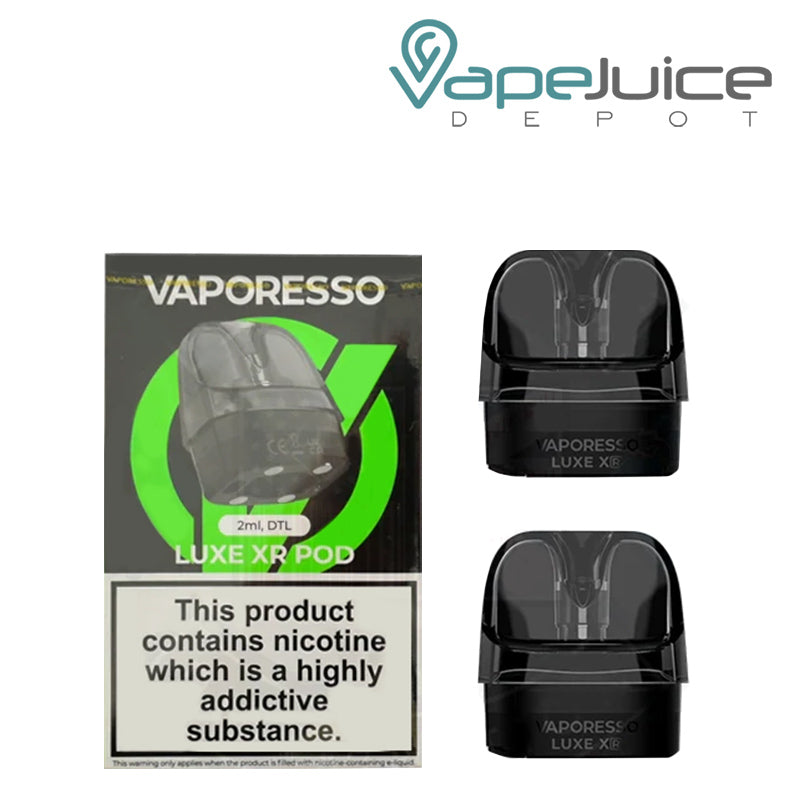 A box of Vaporesso LUXE XR Replacement Pods DTL and 2-pack next to it - Vape Juice Depot
