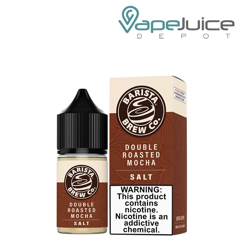 A 30ml bottle of Double Roasted Mocha Salts Barista Brew Co and a box with a warning sign next to it - Vape Juice Depot
