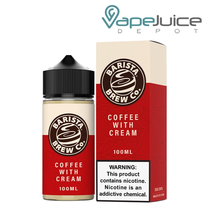 A 100ml bottle of Coffee With Cream Barista Brew Co and a box with a warning sign next to it - Vape Juice Depot
