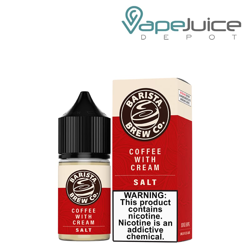 A 30ml bottle of Coffee With Cream Salts Barista Brew Co and a box with a warning sign next to it - Vape Juice Depot