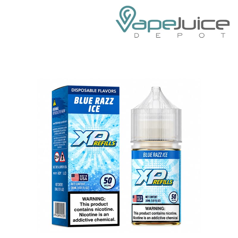 Box of Blue Razz Ice iJoy XP Refills Salt with a warning sign and a 30ml bottle next to it - Vape Juice Depot