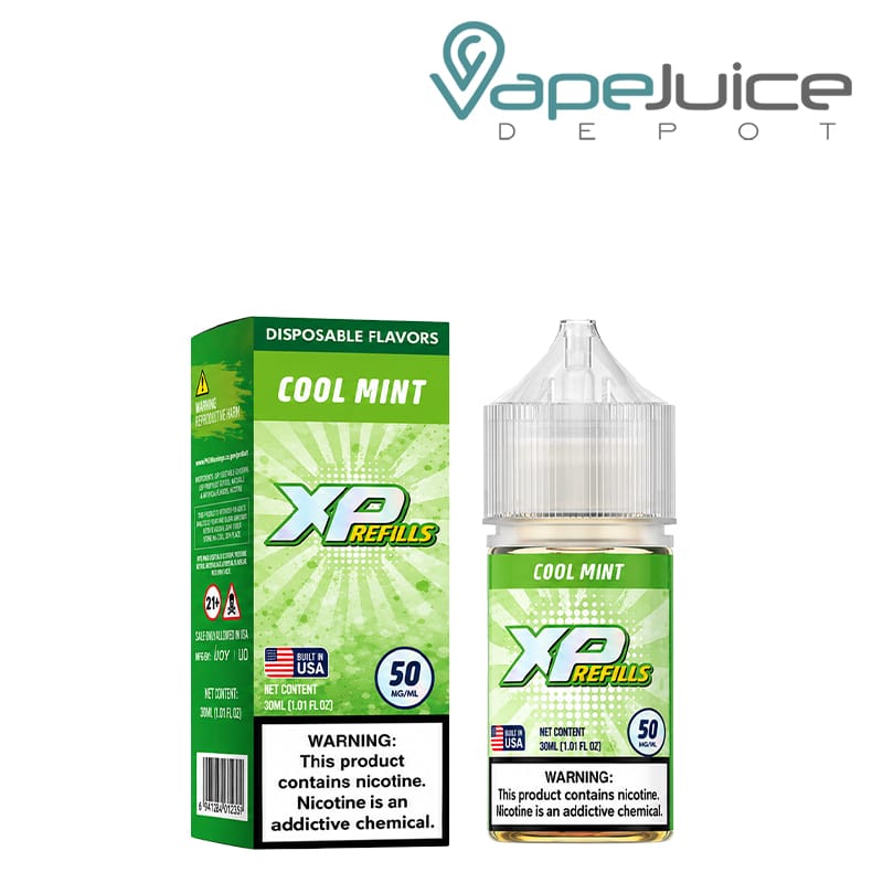 A Box of Cool Mint iJoy XP Refills Salt with a warning sign and a 30ml bottle next to it - Vape Juice Depot