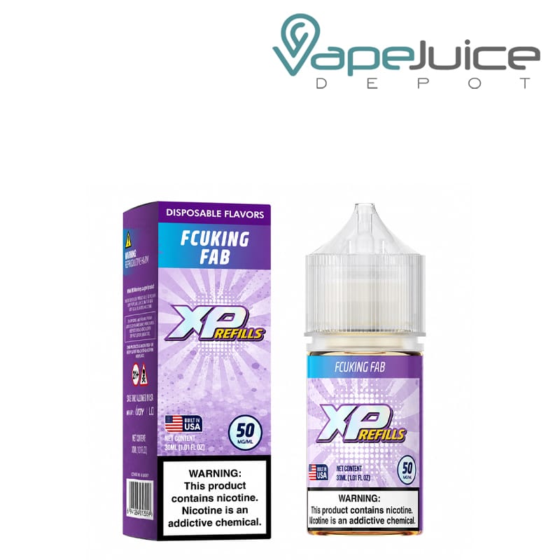 A Box of Fcuking Fab iJoy XP Refills Salt with a warning sign and a 30ml bottle next to it - Vape Juice Depot