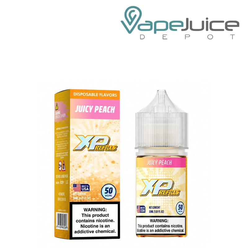 A Box of Juicy Peach iJoy XP Refills Salt with a warning sign and a 30ml bottle next to it - Vape Juice Depot