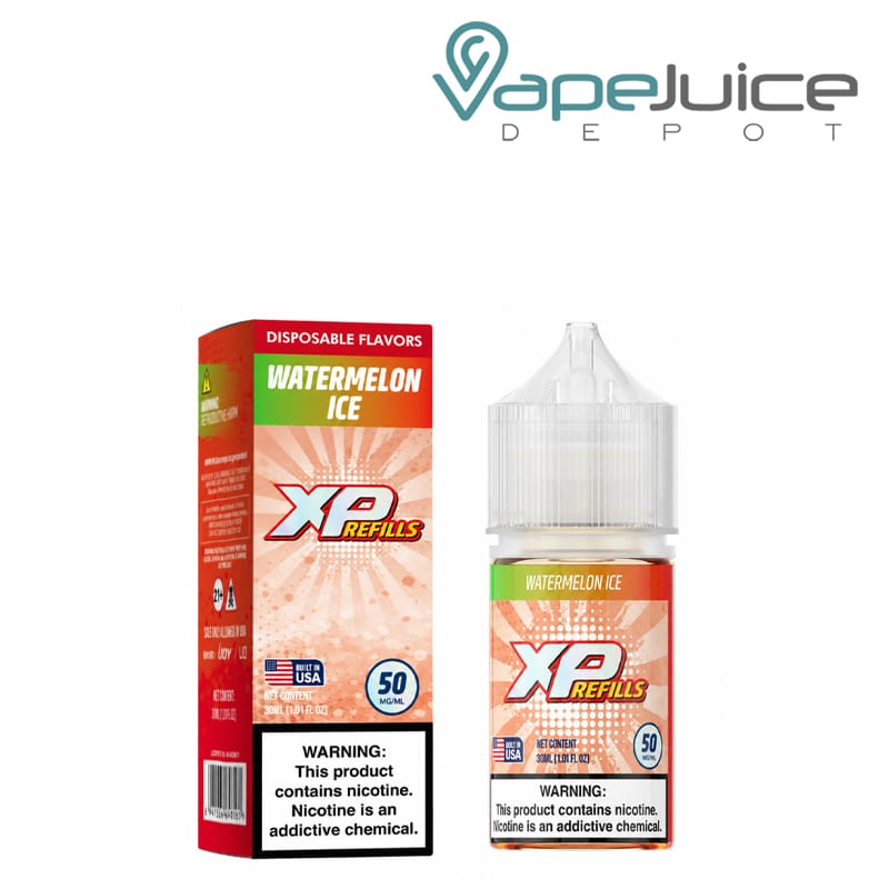 A Box of Watermelon Ice iJoy XP Refills Salt with a warning sign and a 30ml bottle next to it - Vape Juice Depot