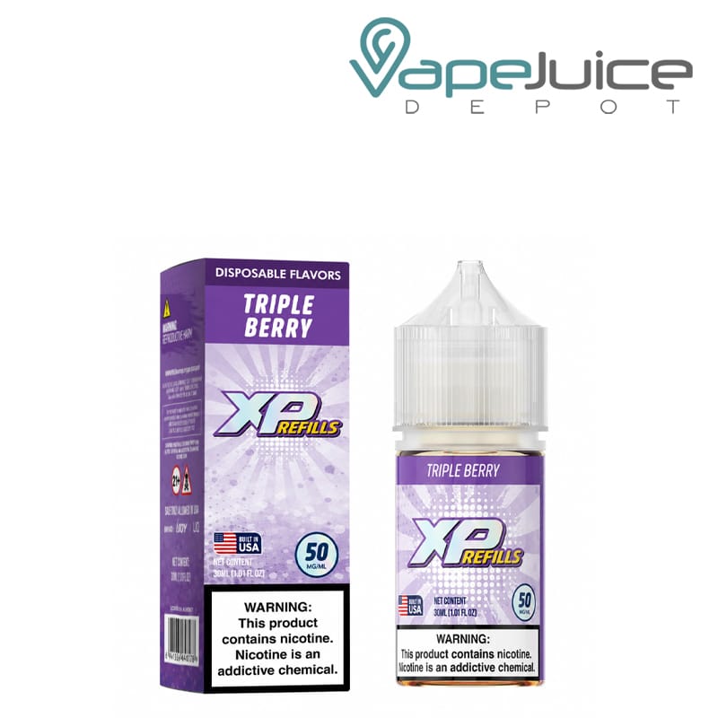 A Box of Triple Berry iJoy XP Refills Salt with a warning sign and a 30ml bottle next to it - Vape Juice Depot