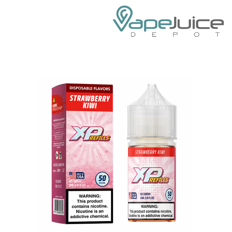A Box of Strawberry Kiwi iJoy XP Refills Salt with a warning sign and a 30ml bottle next to it - Vape Juice Depot