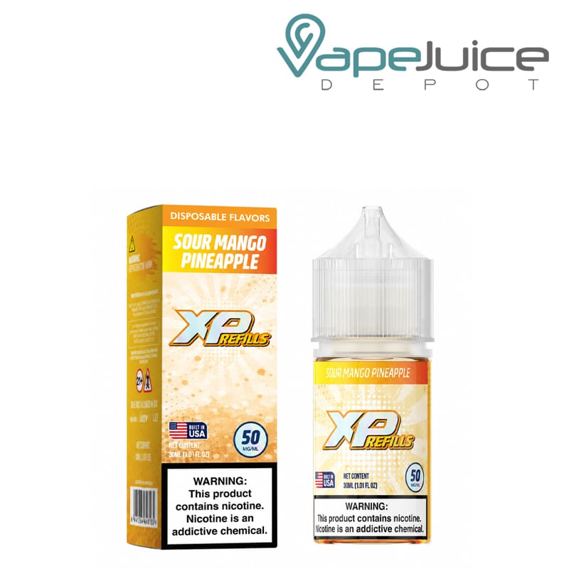 A Box of Sour Mango Pineapple iJoy XP Refills Saltt with a warning sign and a 30ml bottle next to it - Vape Juice Depot