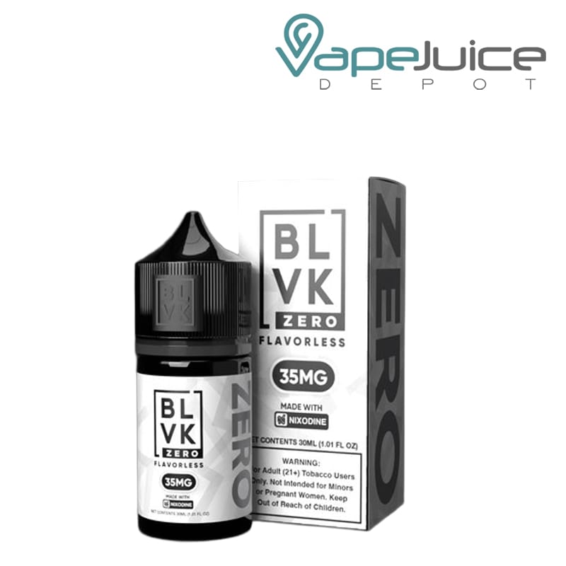 A 30ml bottle of Flavorless BLVK Zero Salt and a box with a warning sign next to it - Vape Juice Depot