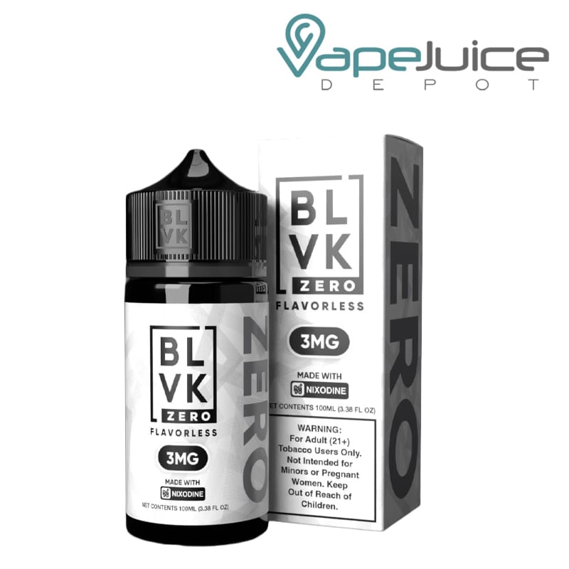 A 100ml bottle of Flavorless BLVK Zero Salt and a box with a warning sign next to it - Vape Juice Depot