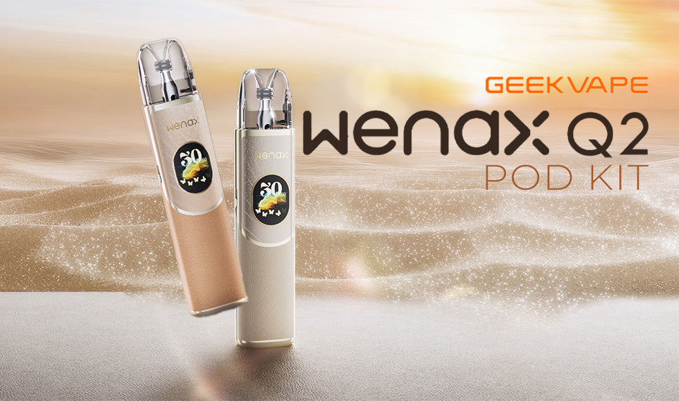 A Geekvape Wenax Q2 Pod Kit  on a sandy gold background