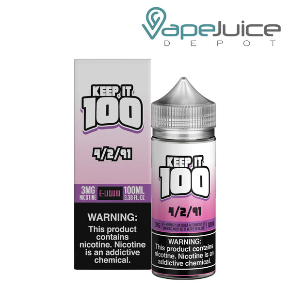 A box of 4/2/91 (Shake) Keep it 100 TFN eLiquid with a warning sign and a 100ml bottle next to it - Vape Juice Depot
