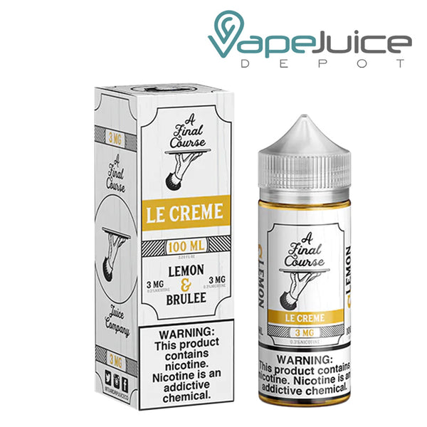 A box of A Final Course Le Creme eLiquid with a warning sign and a 100ml bottle next to it - Vape Juice Depot
