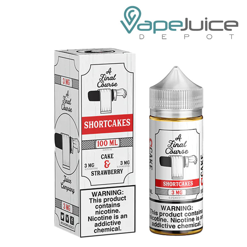 A box of A Final Course Shortcakes eLiquid with a warning sign and a 100ml bottle next to it - Vape Juice Depot
