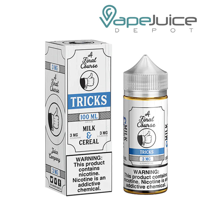 A box of A Final Course Tricks eLiquid with a warning sign and a 100ml bottle next to it - Vape Juice Depot