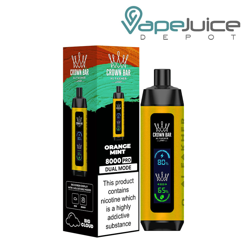 A Box of Orange Mint AL Fakher Crown Bar 8000 Pro Disposable with a warning sign and a Disposable with LCD Screen next to it - Vape Juice Depot